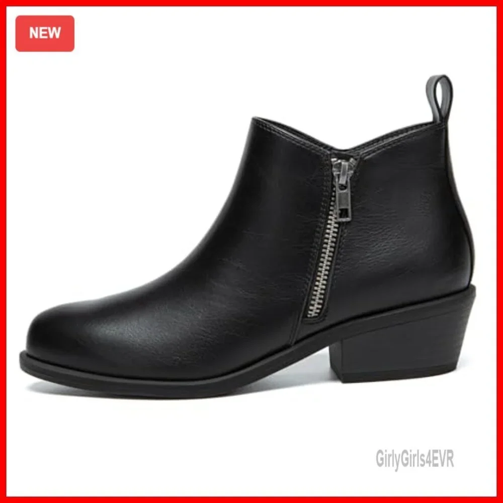Chunky Low Heel Ankle Boots Round Toe Side Zipper Comfortable Dress Booties